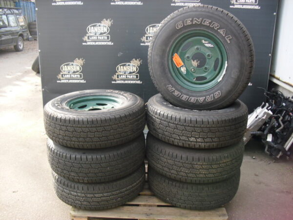 banden set met velg staal type zwaar uitgevoerd 16" x 7 J 7 stuks met General Grabber HTS 265x75xR16"
